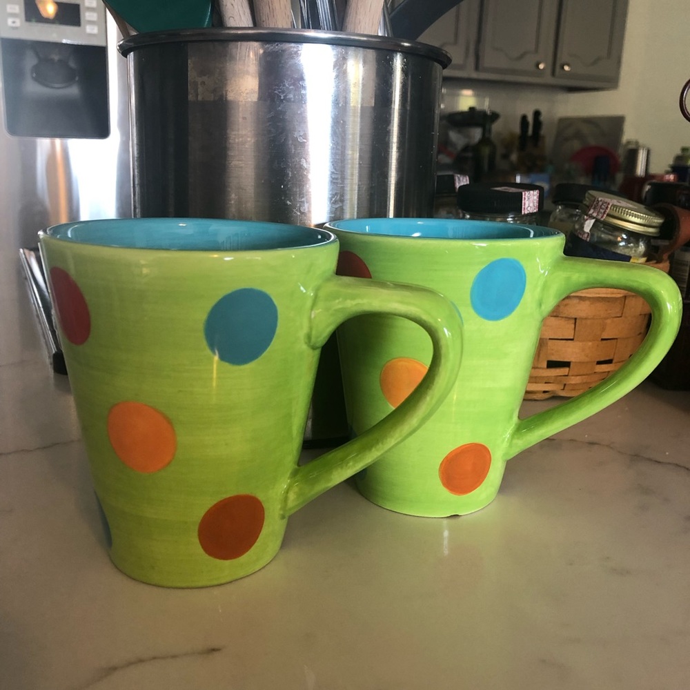 Crate&Barrel Green Polka Dot Mugs